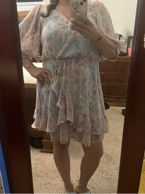 Sienna Sky Pastel Paisley Wrap Mini Dress - Light Blue & Blush